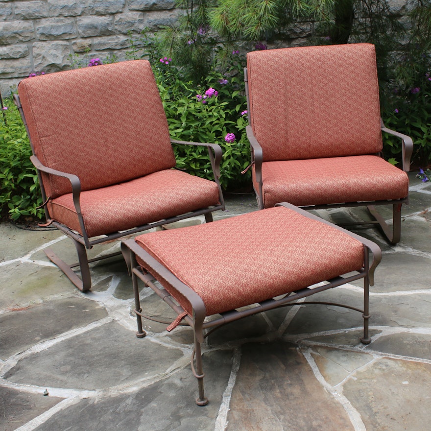 Wrought Iron Chairs and Ottoman with Cushions