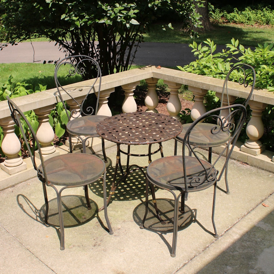 Wrought Iron Patio Side Table and Four Chairs, Late 20th Century