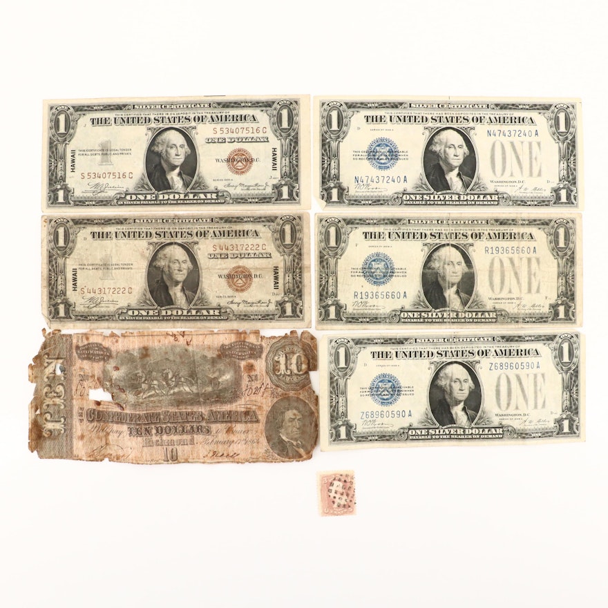 Group of $1 Silver Certificates, $1 Hawaiian Notes and a CSA Obsolete Banknote
