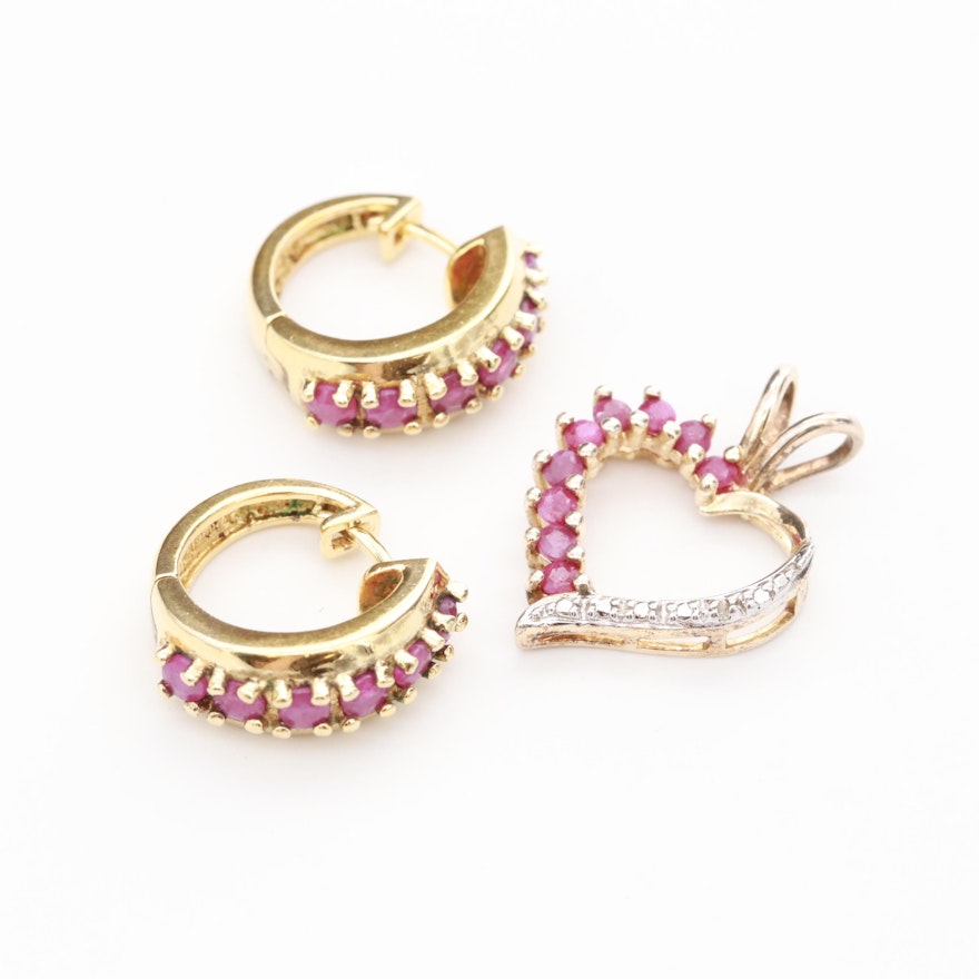 Gold Wash on Sterling Silver Ruby and Diamond Earrings and Heart Pendant