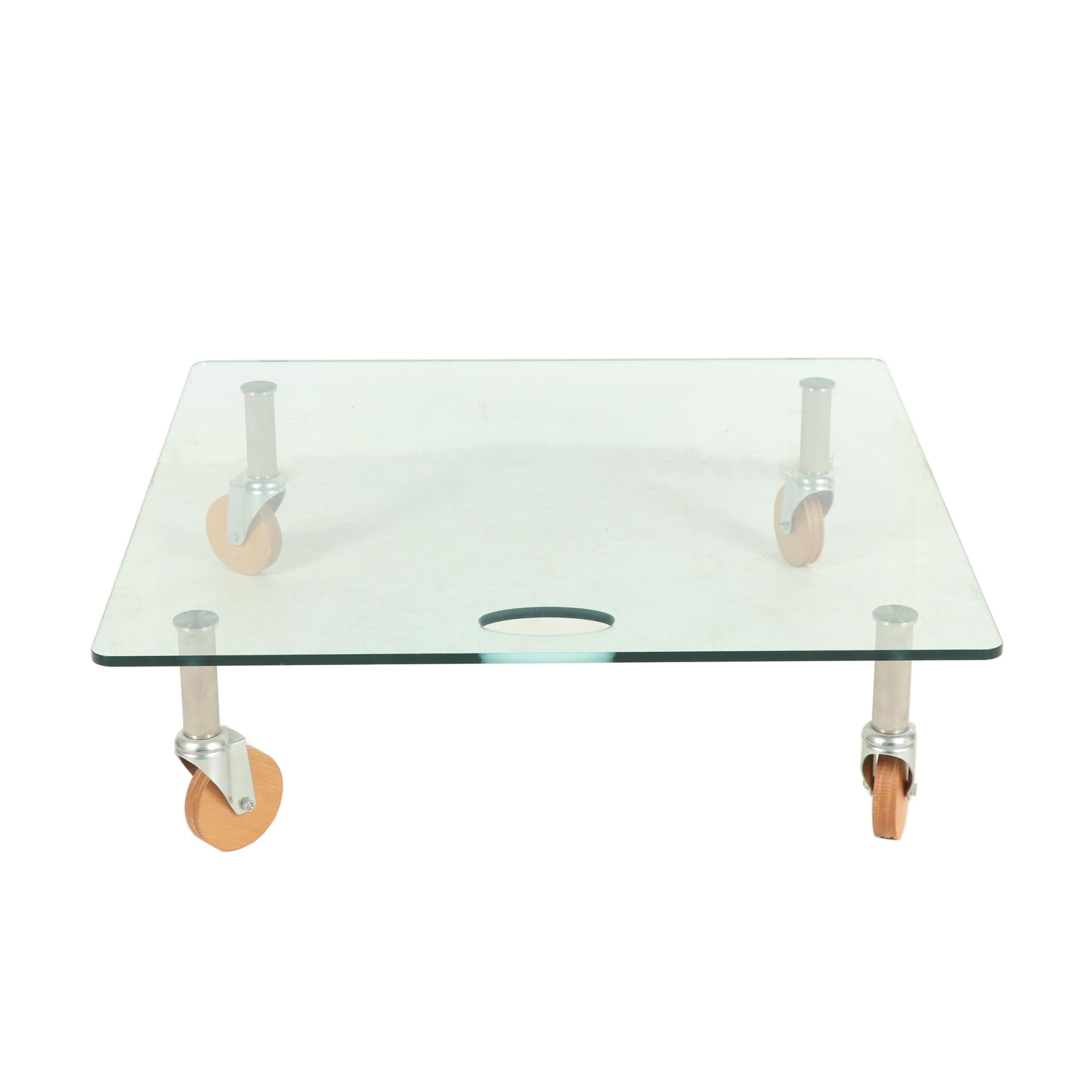 Industrial Style Square Glass Top Coffee Table on Steel and Wood Wheels