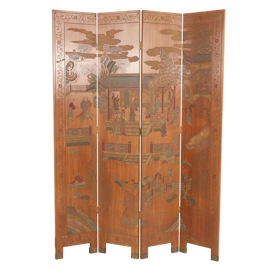Chinese Coromandel Lacquer Wooden Folding Screen, 1980s