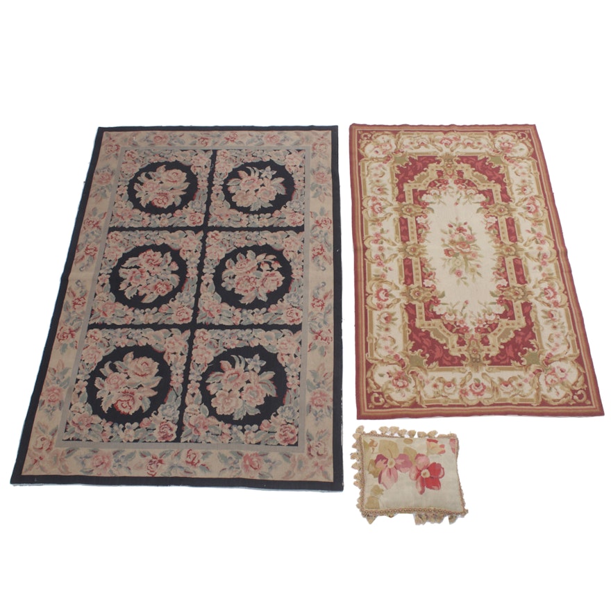 Aubusson Style Floral Needlepoint Area Rugs with Handwoven Accent Pillow