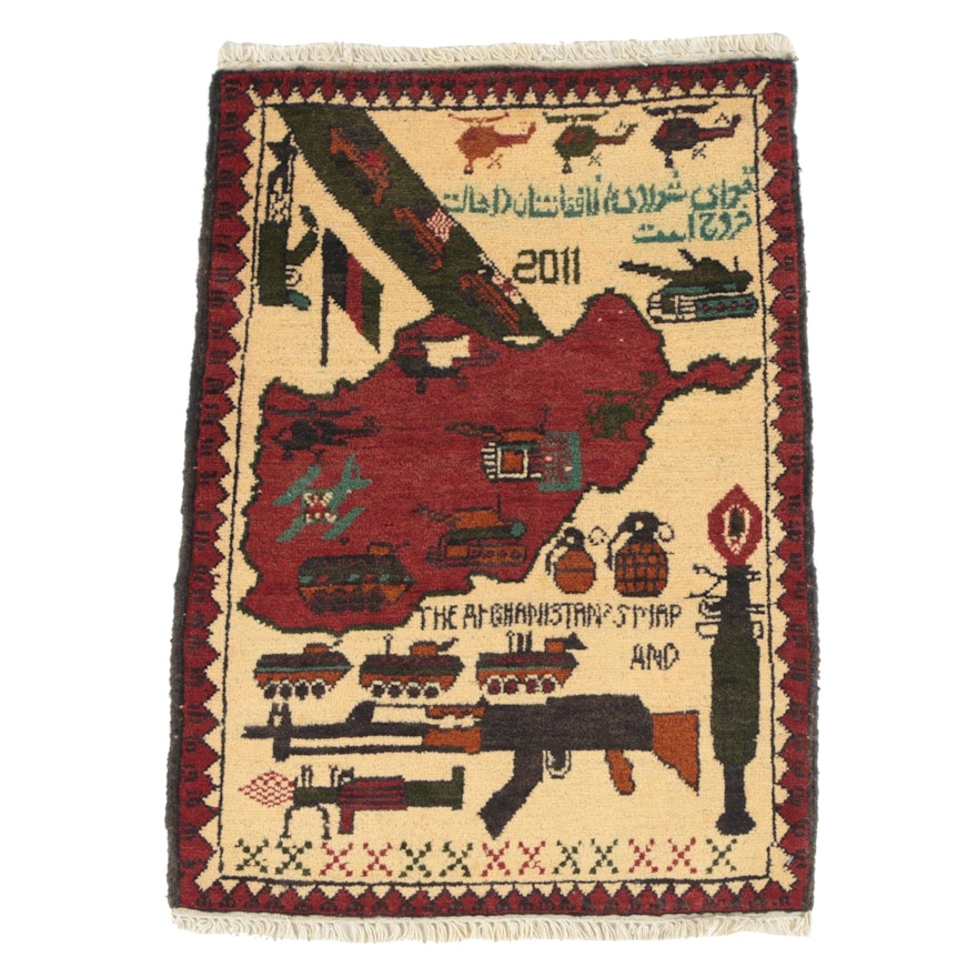 Hand-Knotted Afghan Wool Pictorial War Rug