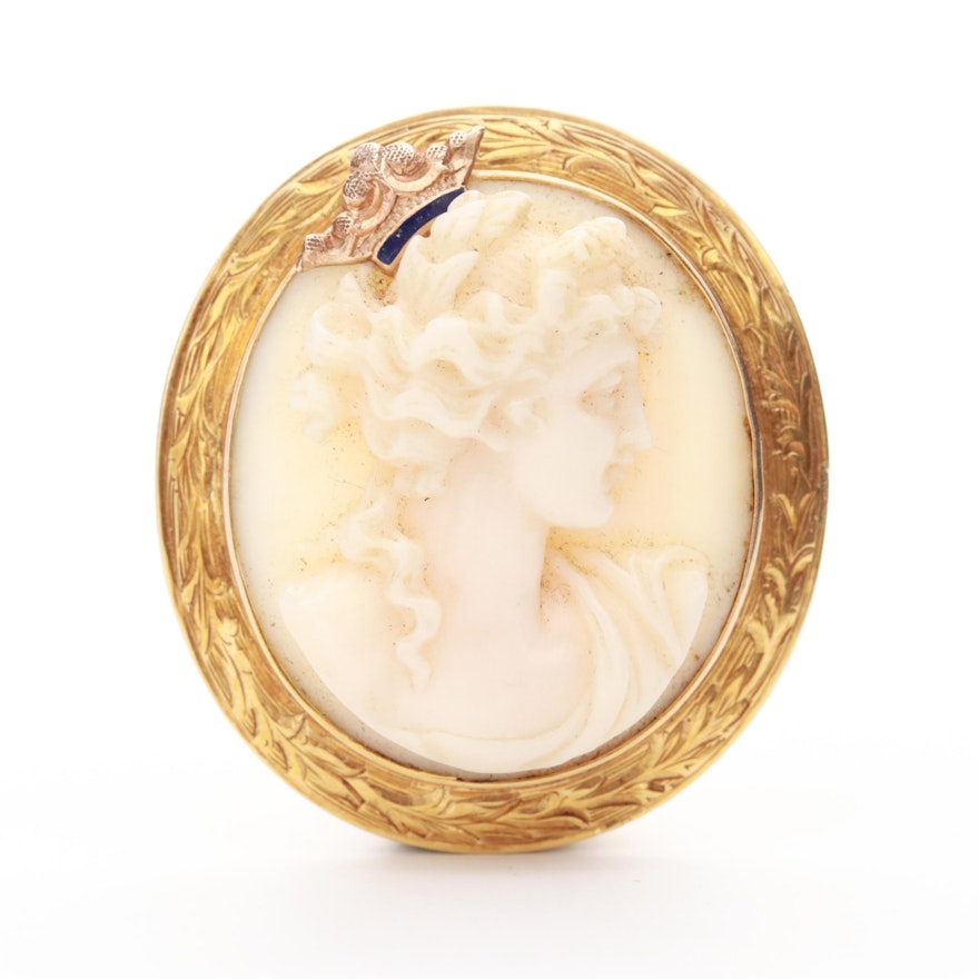14K Yellow Gold Coral Cameo Brooch with Enamel Accent