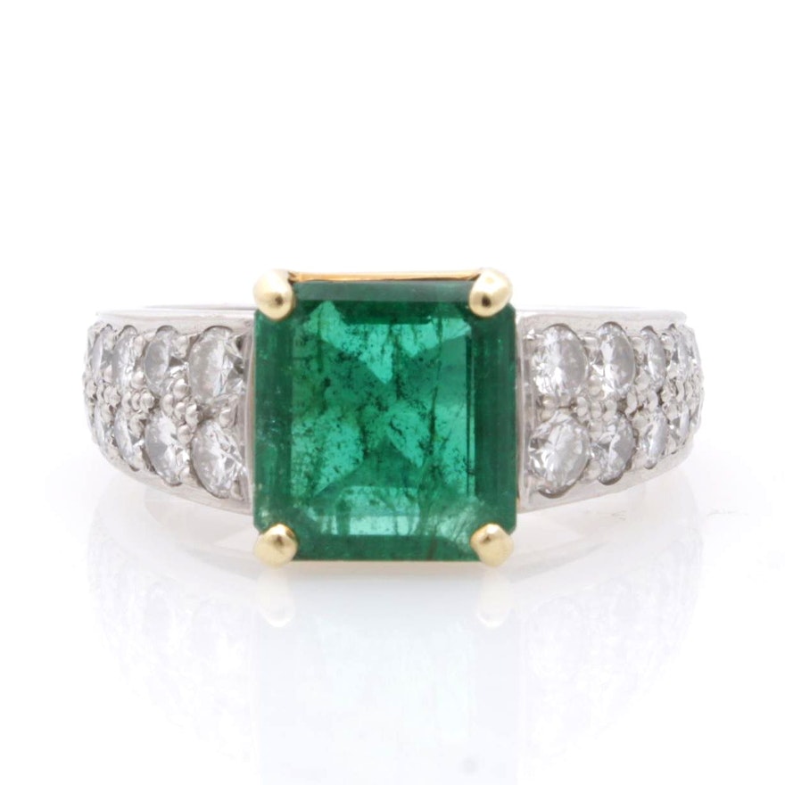 Platinum and 18K Yellow Gold Emerald and 1.00 CTW Diamond Ring