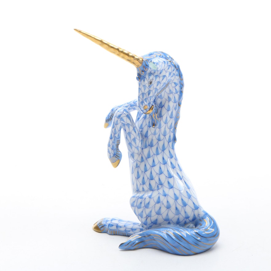 Herend Blue Fishnet with Gold "Unicorn" Porcelain Figurine