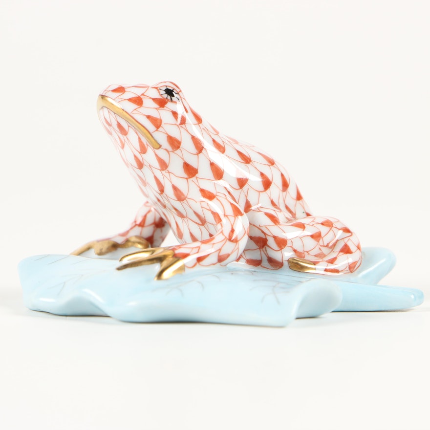 Herend Rust Fishnet "Frog on Lily Pad" Porcelain Figurine, March 1992