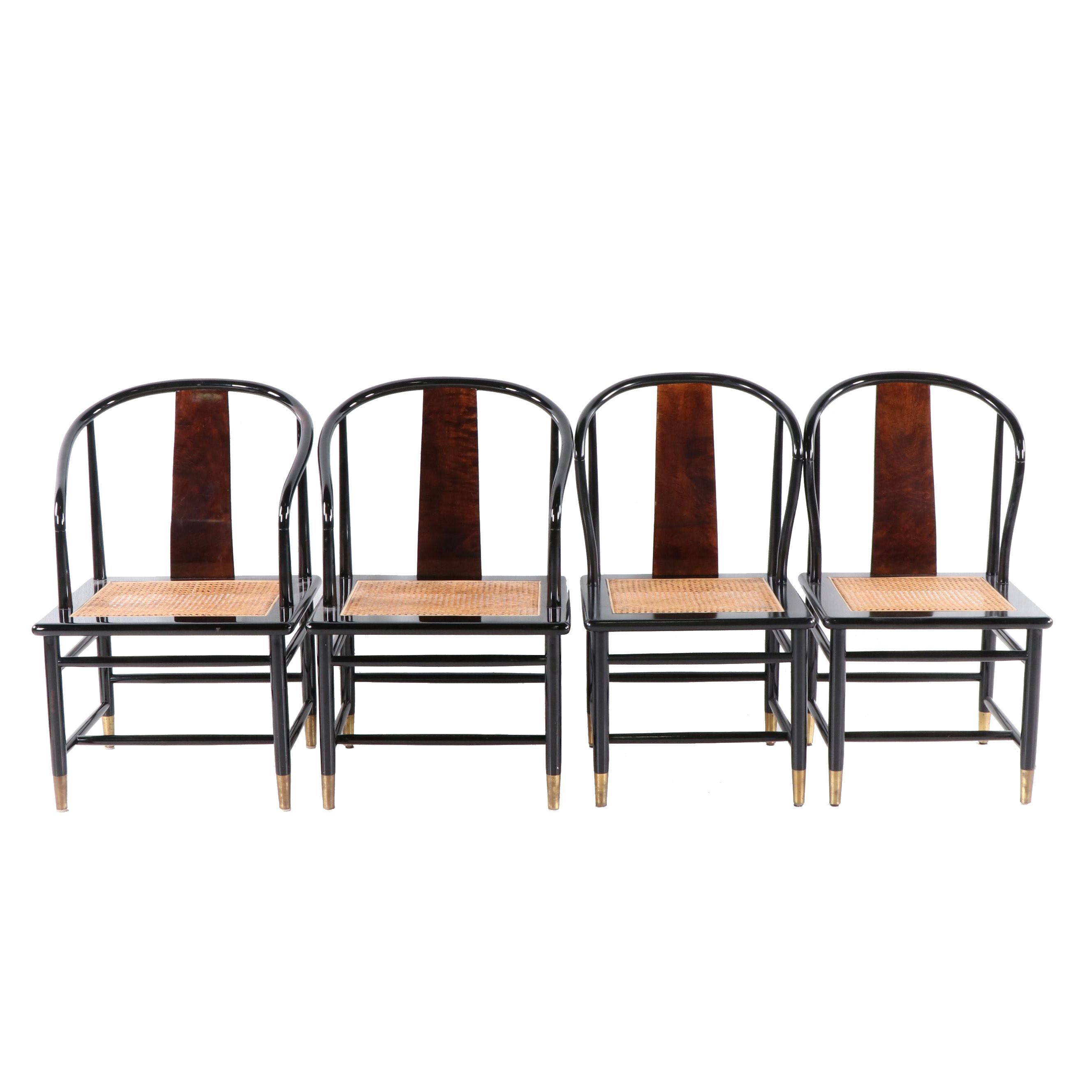 Henredon Chinese Style Black Lacquer Roundback Cane Seat Dining Chairs