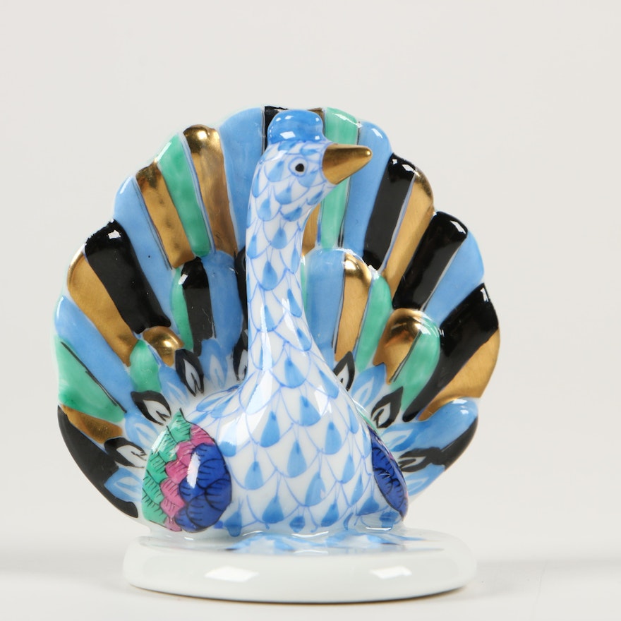 Herend Blue Fishnet "Peacock" Porcelain Figurine