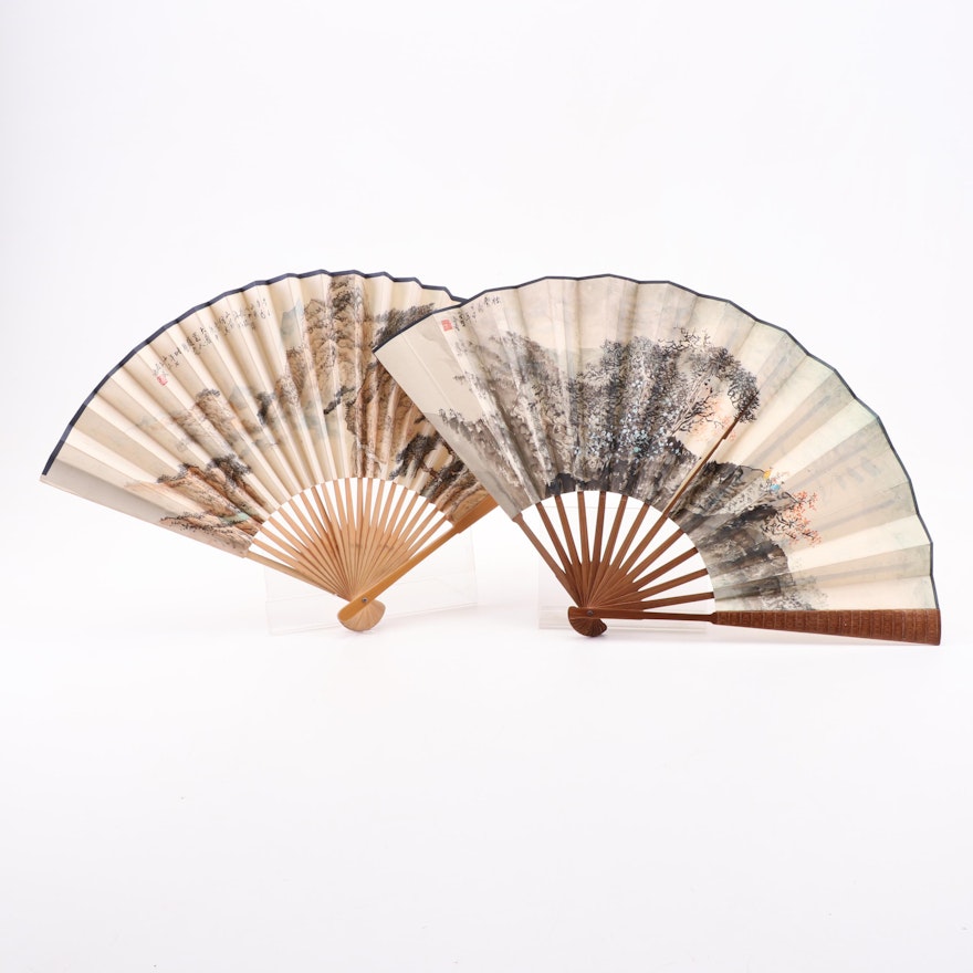Chinese Ink and Watercolor Landscape and Calligraphy Folding Fans