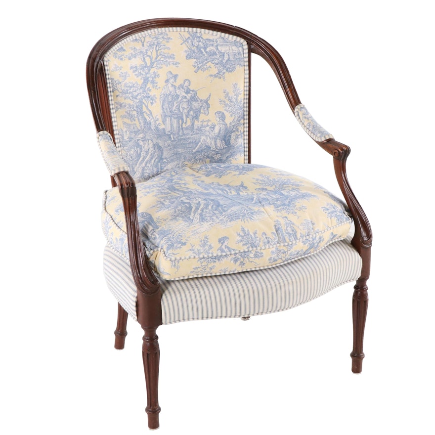 French Provincial Style Mahogany Toile de Jouy Upholstered Arm Chair