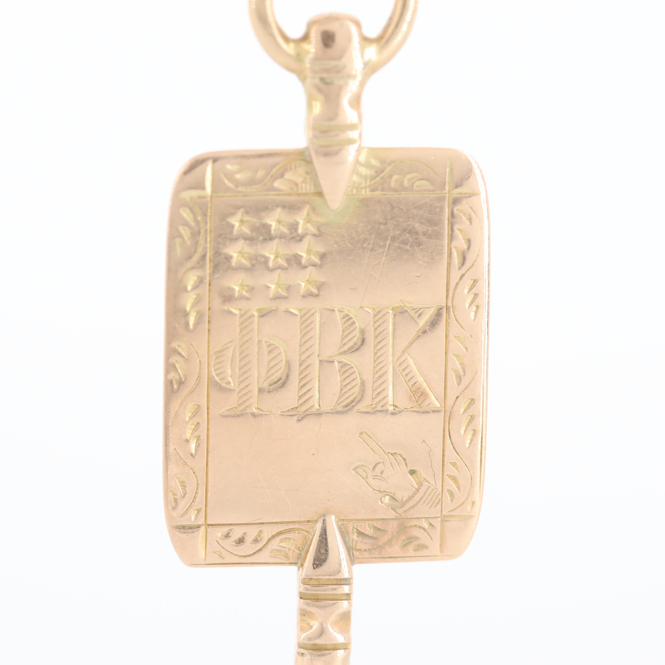 14K Yellow Gold Phi Beta Kappa Society Key Pendant