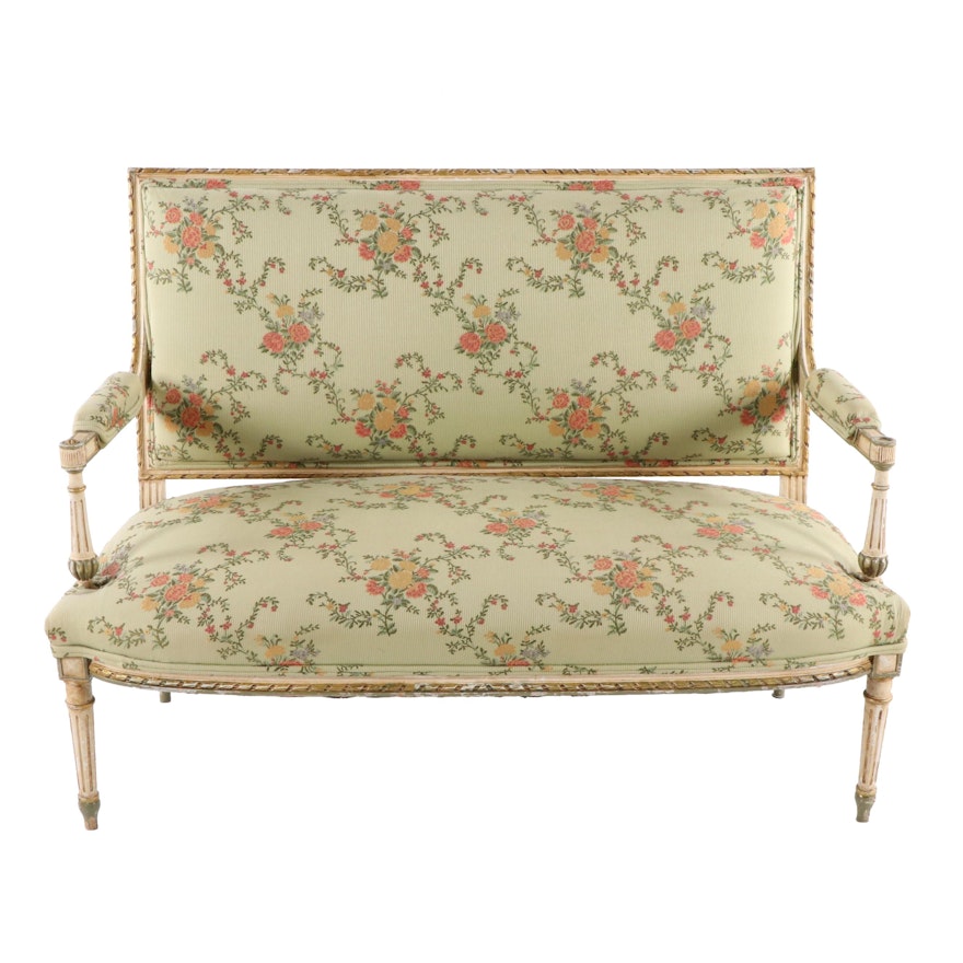 Louis XVI Style Paint Decorated Wood Upholstered Floral Motif Settee