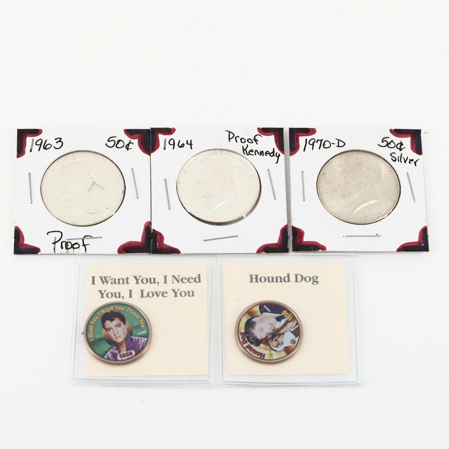 Three U.S. Half Dollar Coins and Two Colorized Elvis Statehood Quarters