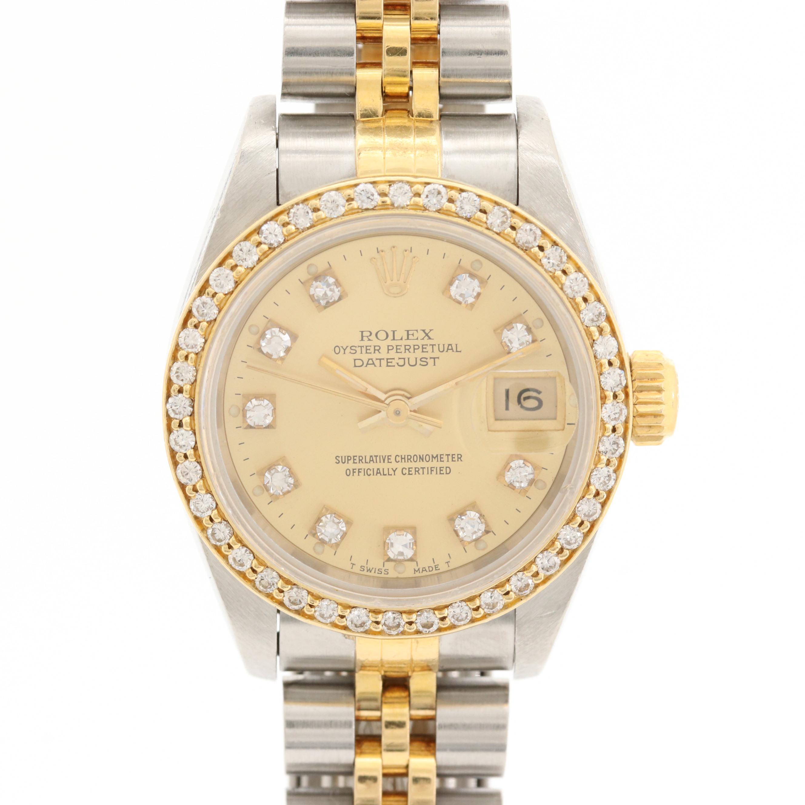 Vintage Rolex Datejust 18K Gold and Stainless Steel Watch With Diamonds