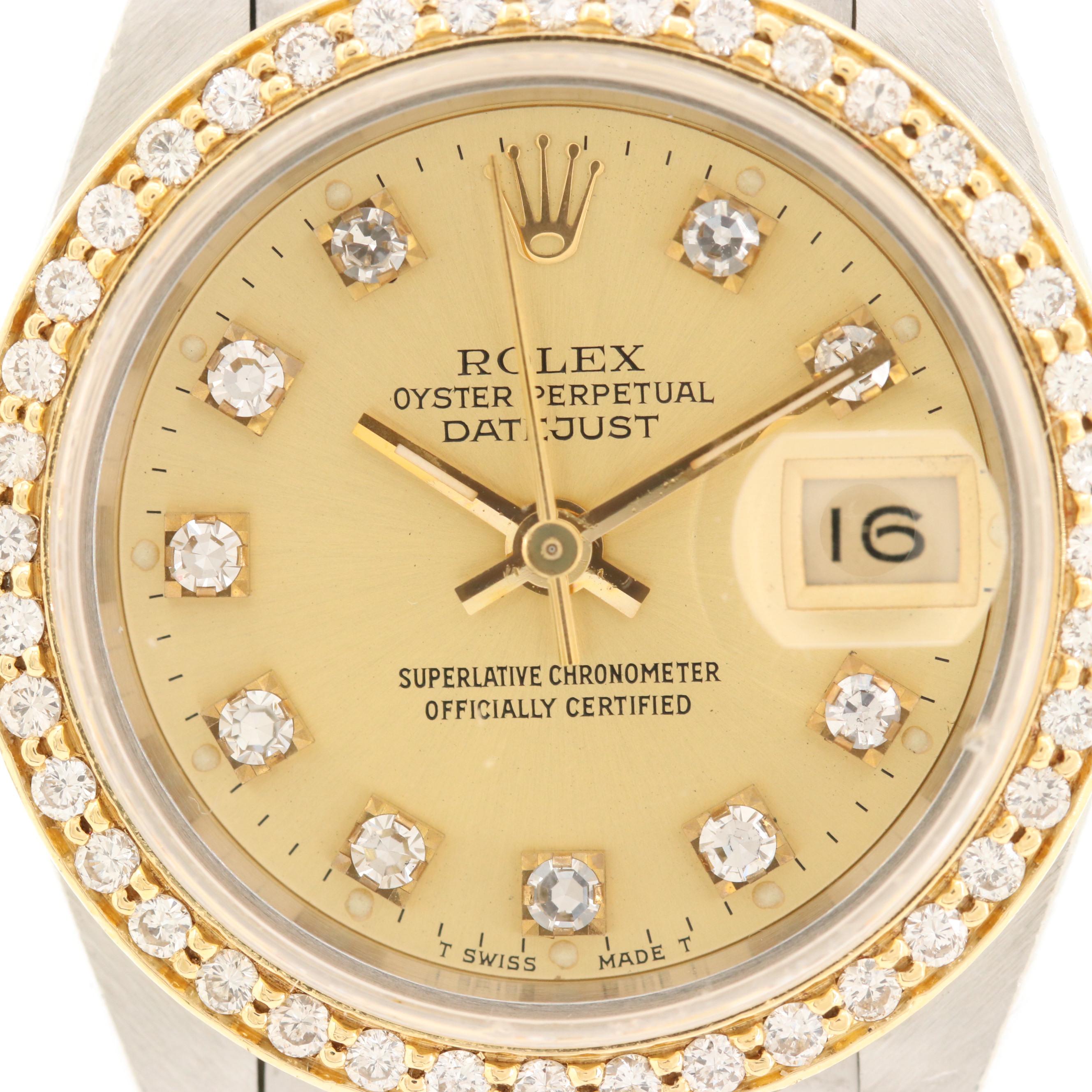 Vintage Rolex Datejust 18K Gold and Stainless Steel Watch With Diamonds