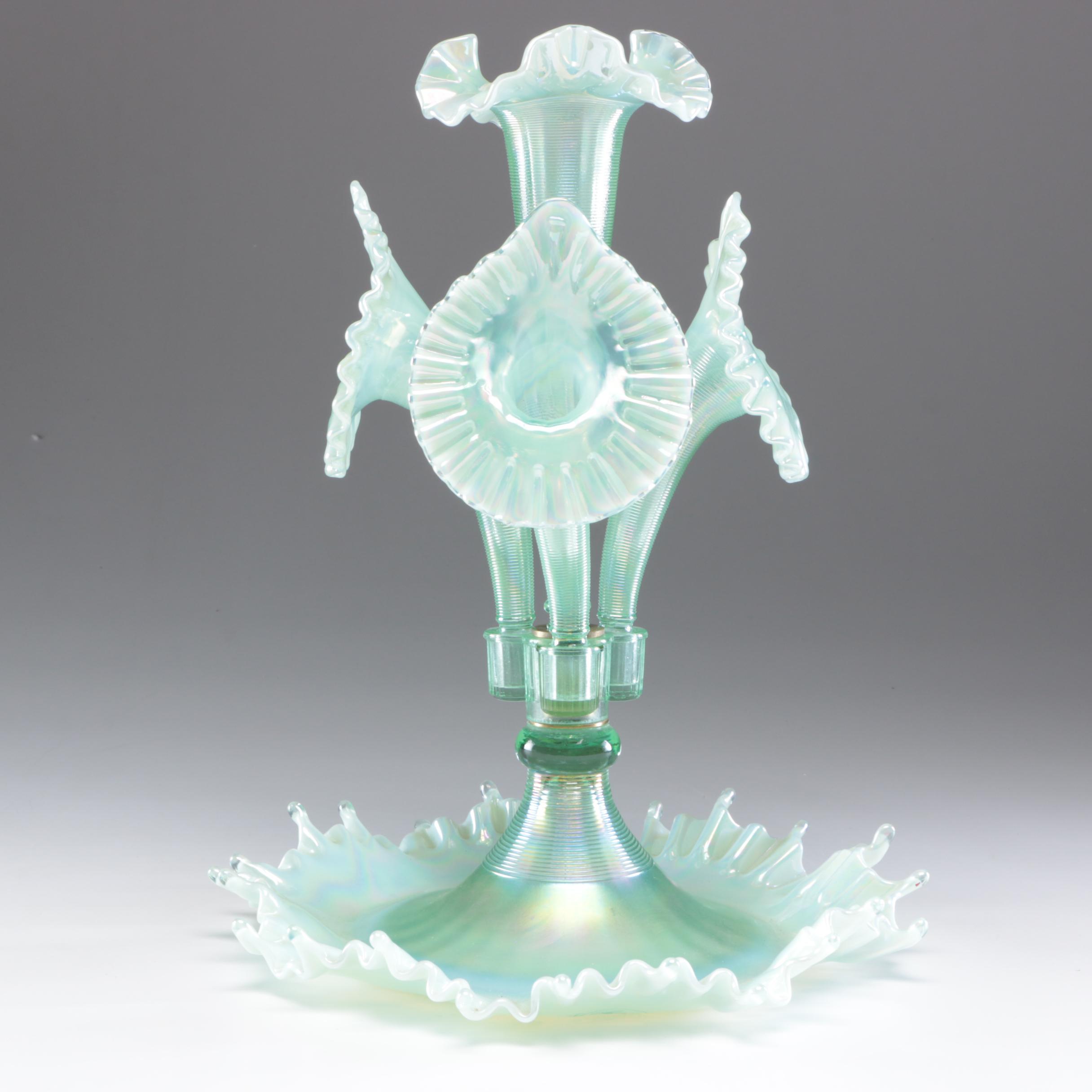 Frank M. Fenton Iridescent Ruffled Art Glass Epergne, Mid-Century