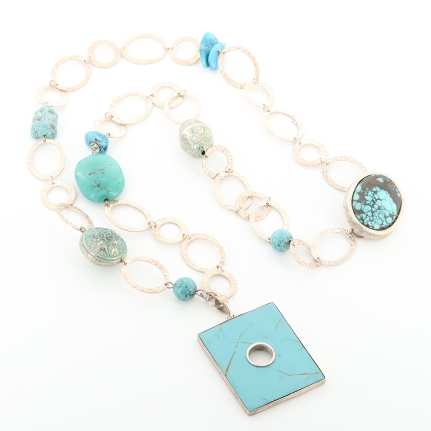 Turquoise, Magnesite and Imitation Turquoise Endless Square Pendant Necklace