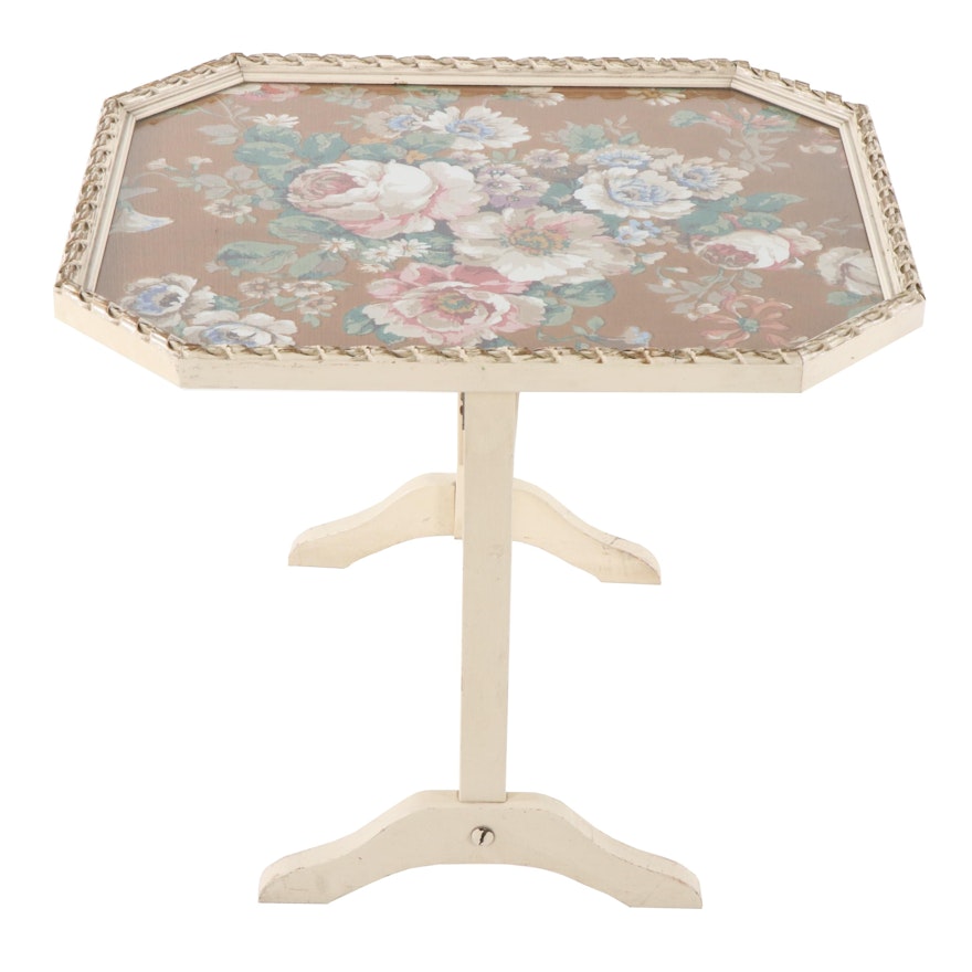 Painted Wood Floral Motif Upholstered Tilt-Top Table