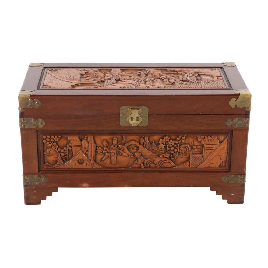 Asian Inspired Carved Mahogany and Brass Chest