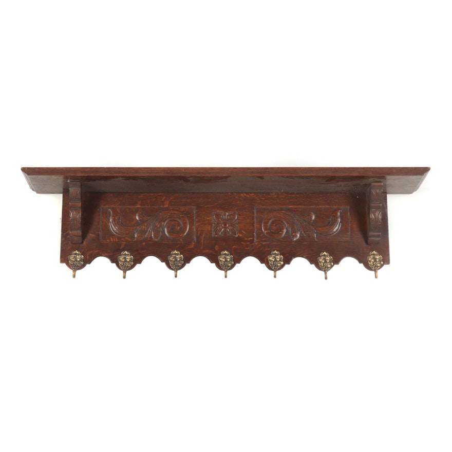 Carved Oak Wall Coat Rack, Early 20th Century