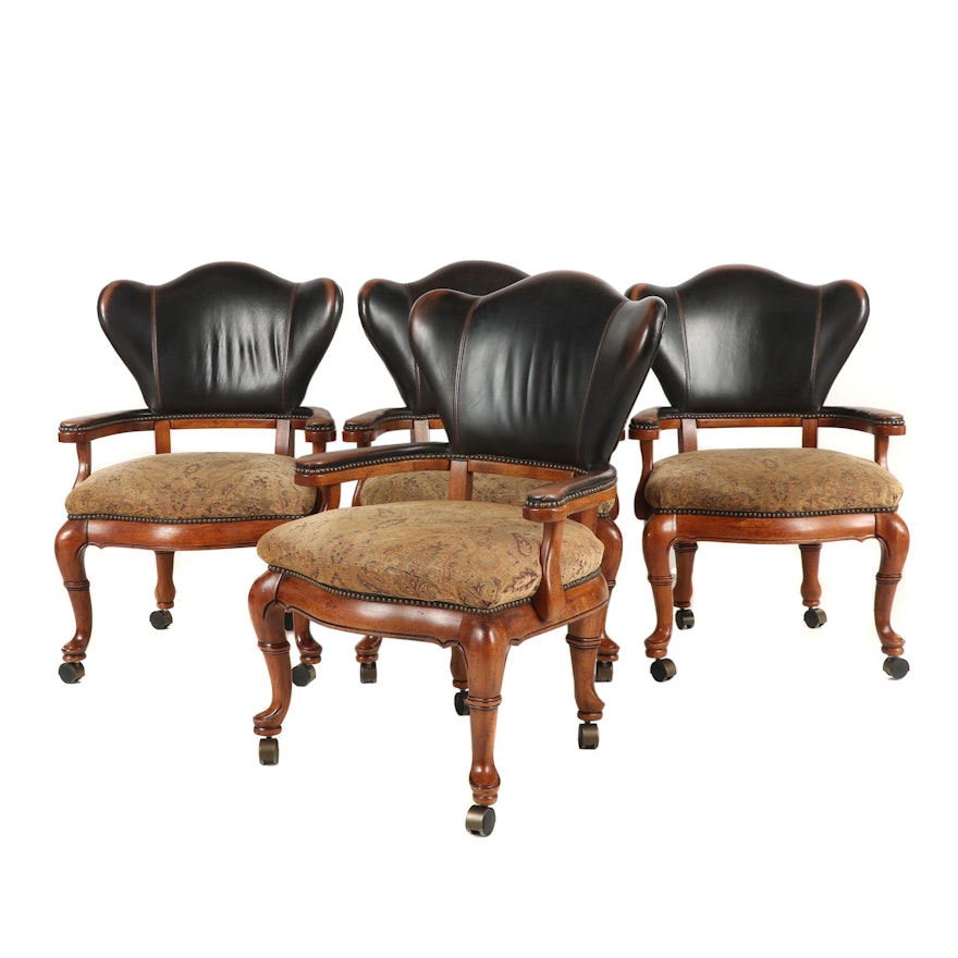 Four Thomasville Fabric and Leather Upholstered Armchairs with Casters