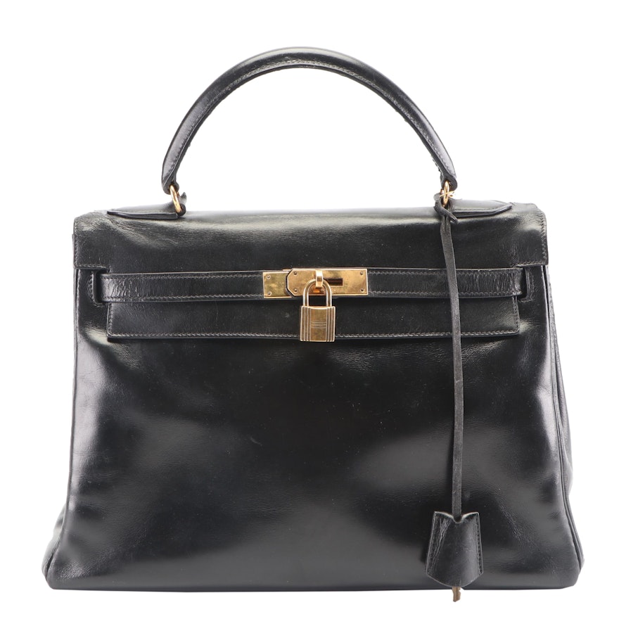Hermès Kelly Retourne Noir Box Calf Leather Handbag, 1970s Vintage
