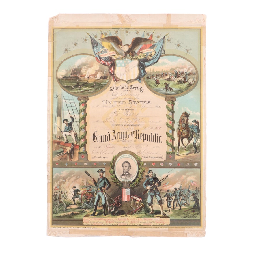 1862 Civil War Discharge Paper and Pettibone GAR Battlefield Muslin Lithograph