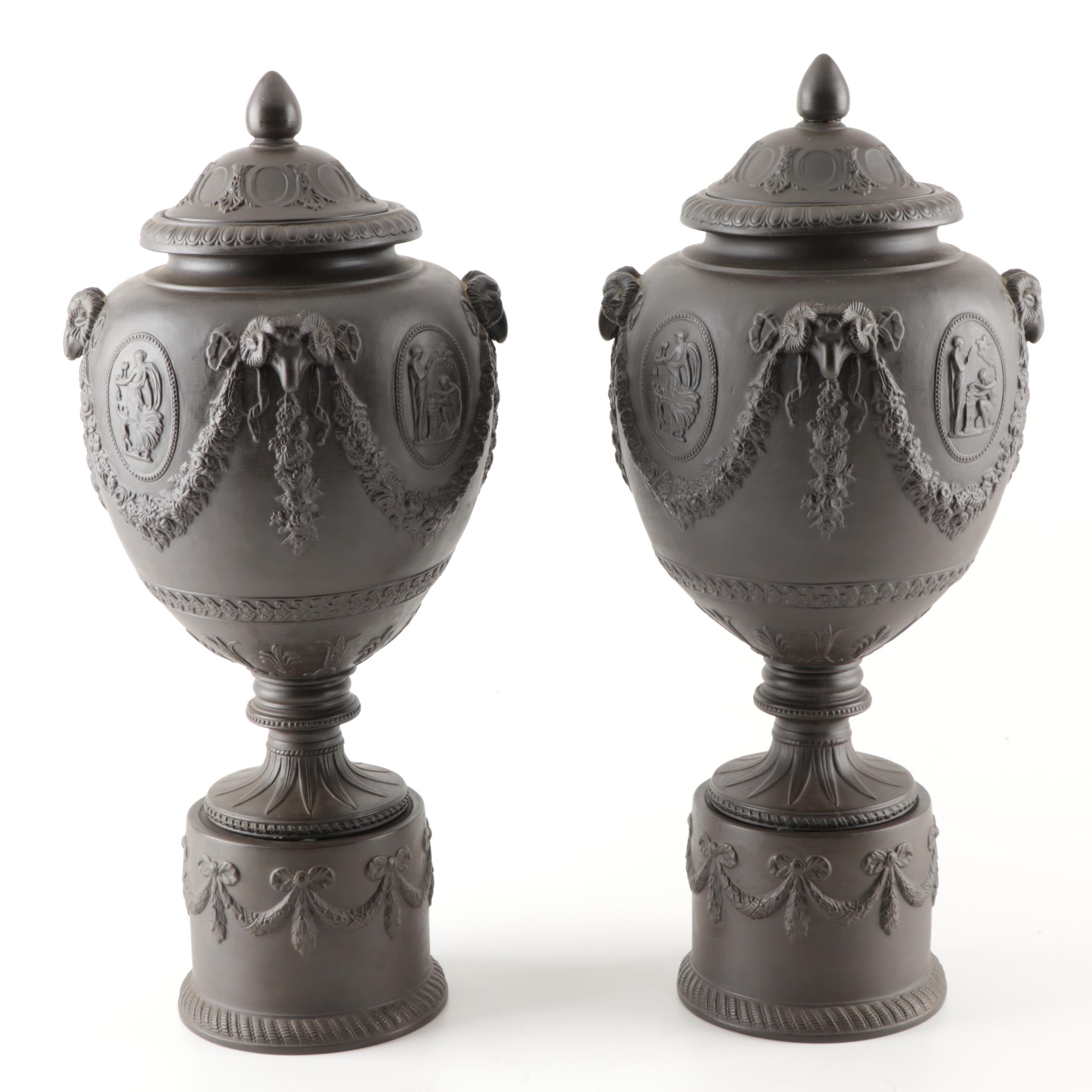 Mottahedeh Italian Black Basalt Earthenware Grecian Urns