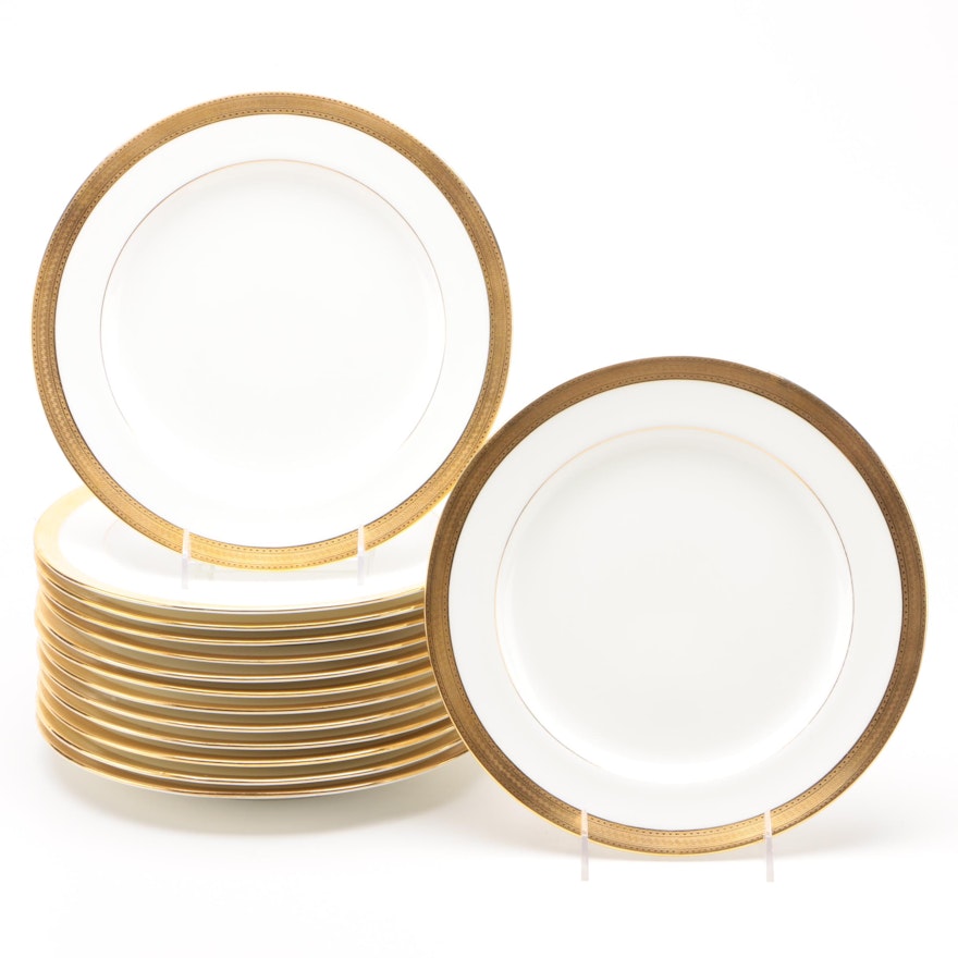 Minton Bone China Dinner Plates with Gold Encrusted Band, Circa 1912–1950