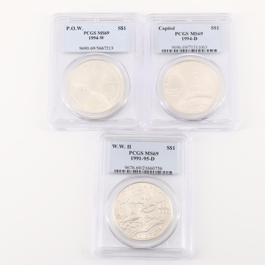 Three PCGS Graded MS69 U.S. Commemorative Silver Dollars