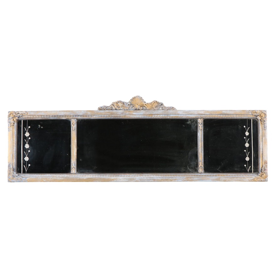 Etched Glass Gold and Silver Painted Overmantel Mirror, Contemporary