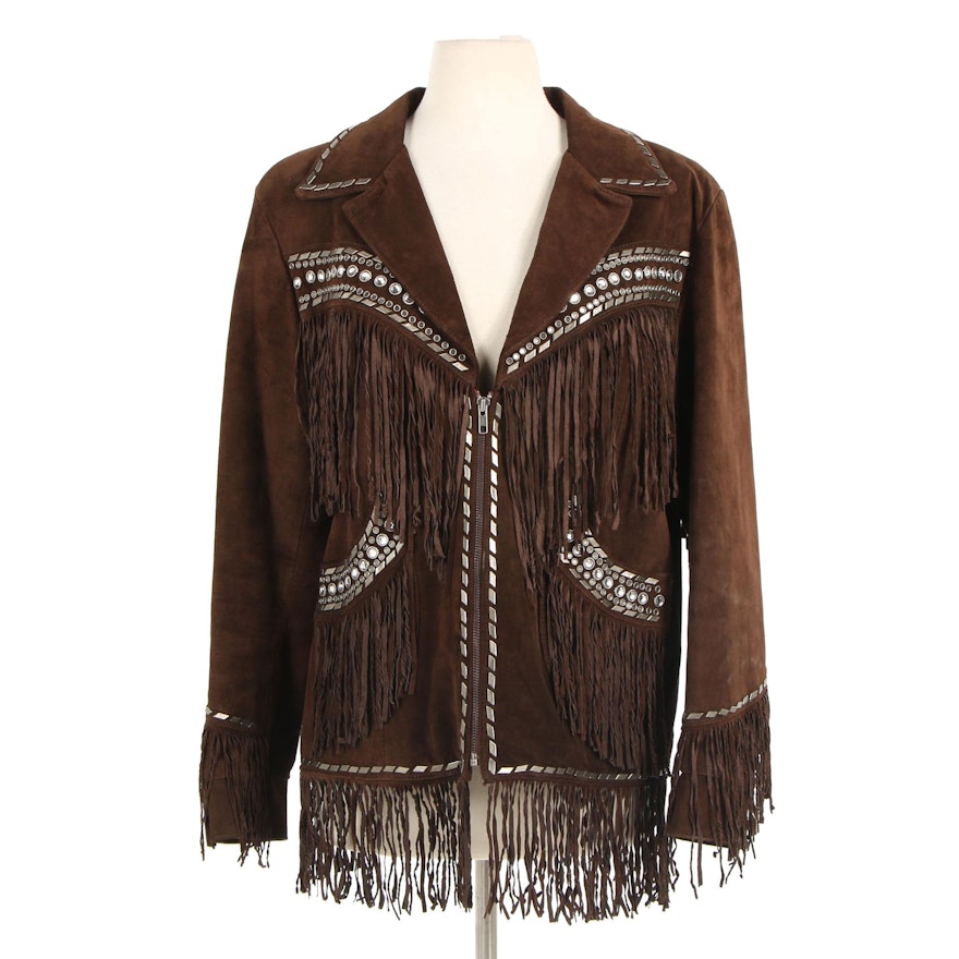 Double D Ranch of Texas Studded Brown Suede Motorcycle Jacket with Fringe