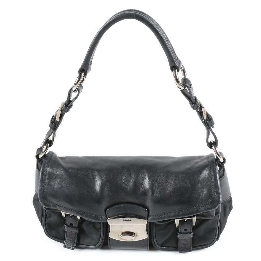 Prada Black Nylon Tessuto and Leather Double Pocket Demi Bag