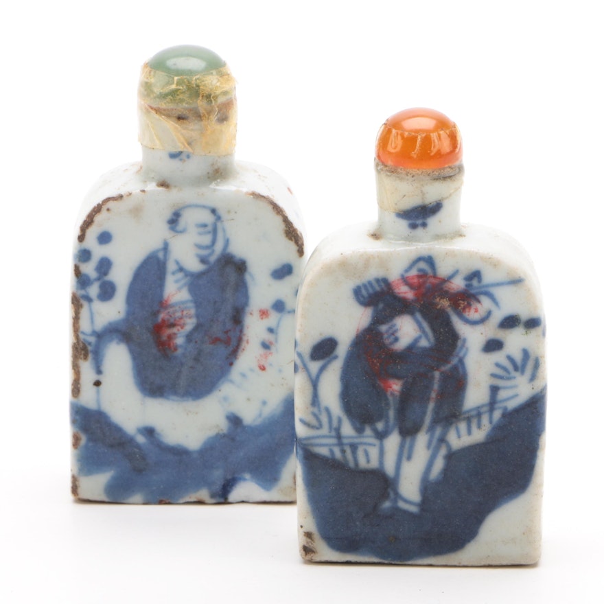 Chinese Blue and White Ceramic Snuff Bottles with Bowenite and Agate Lids