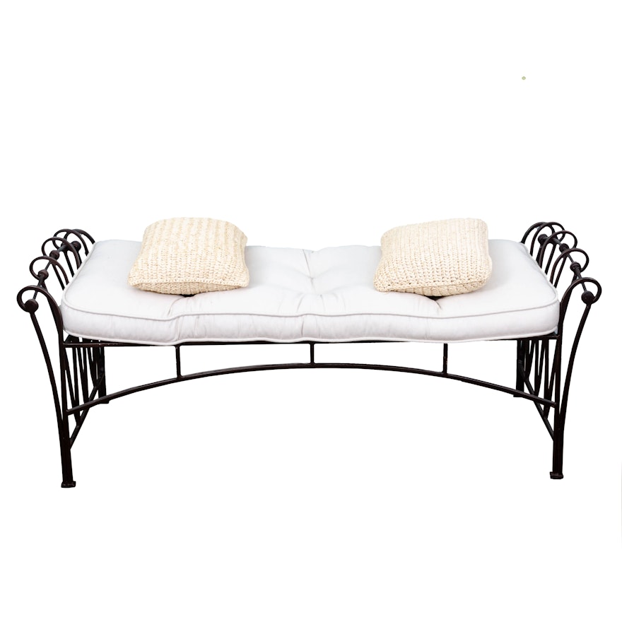 Contemporary Iron Bench with Seat Cushion and Throw Pillows