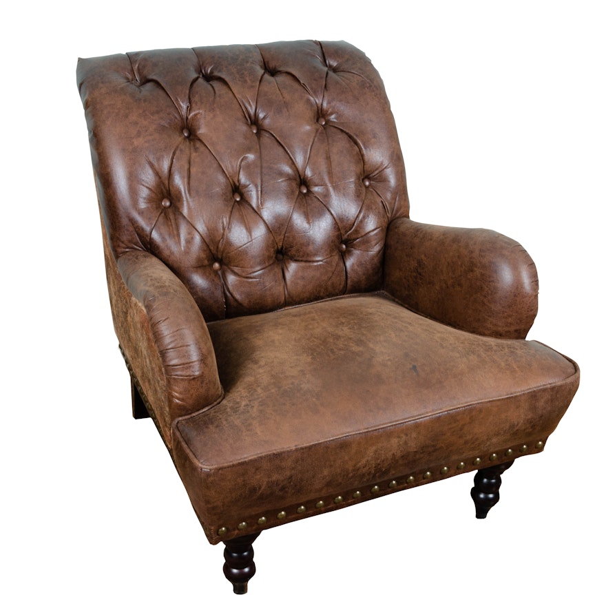 Contemporary Victorian Style Tufted Bonded-Leather & Fabric-Upholstered Armchair