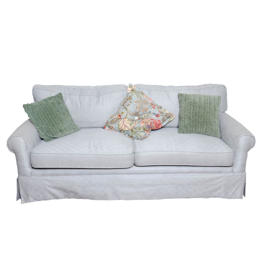 Pale Blue Upholstered Tweed Sofa with Pillows, Contemporary