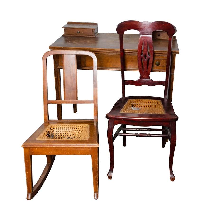 Writing Desk and Cane Chairs, Early 20th Century