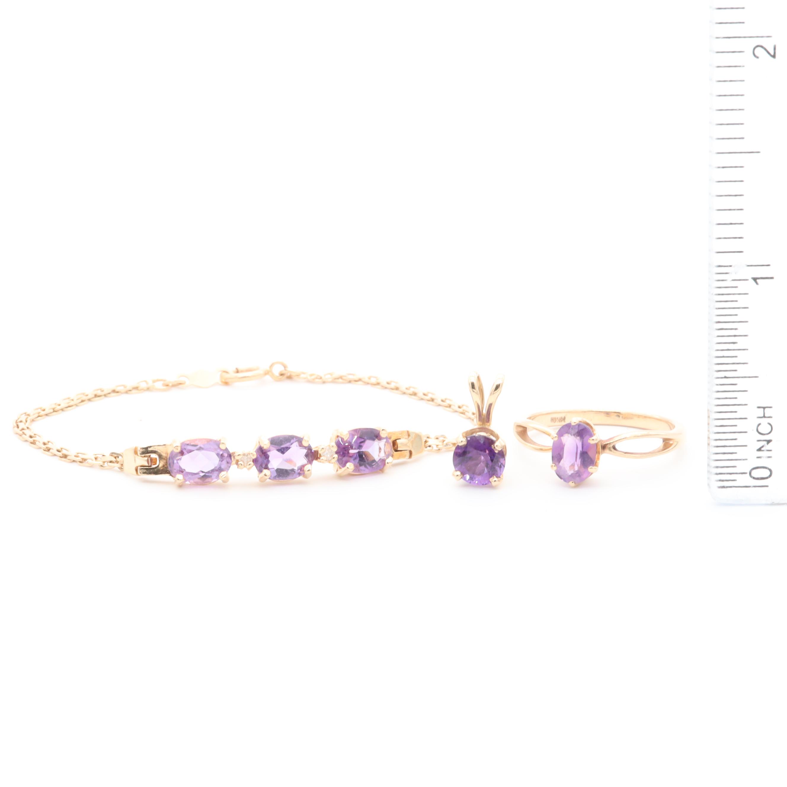 14K Yellow Gold Amethyst and Diamond Bracelet, Ring and Pendant
