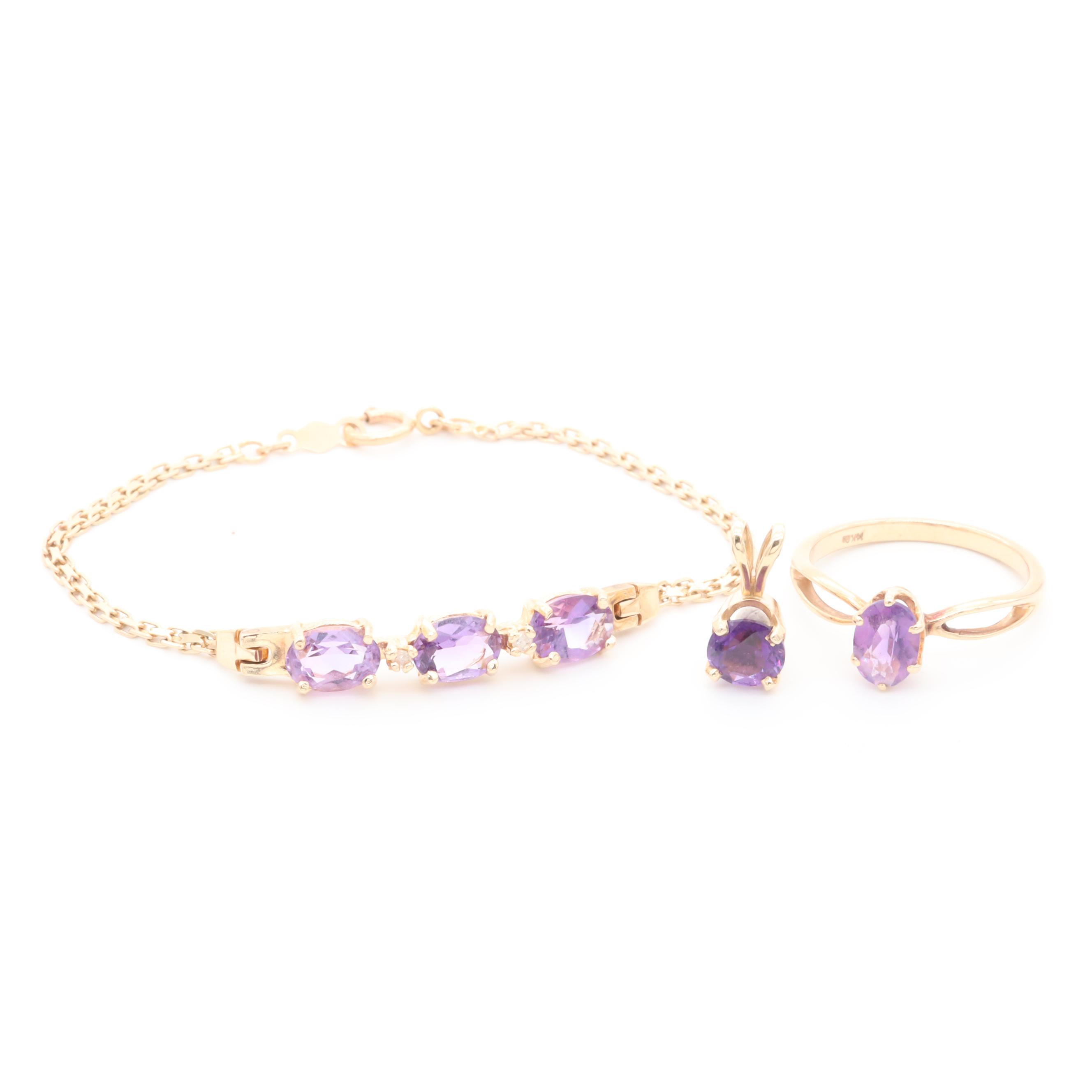 14K Yellow Gold Amethyst and Diamond Bracelet, Ring and Pendant