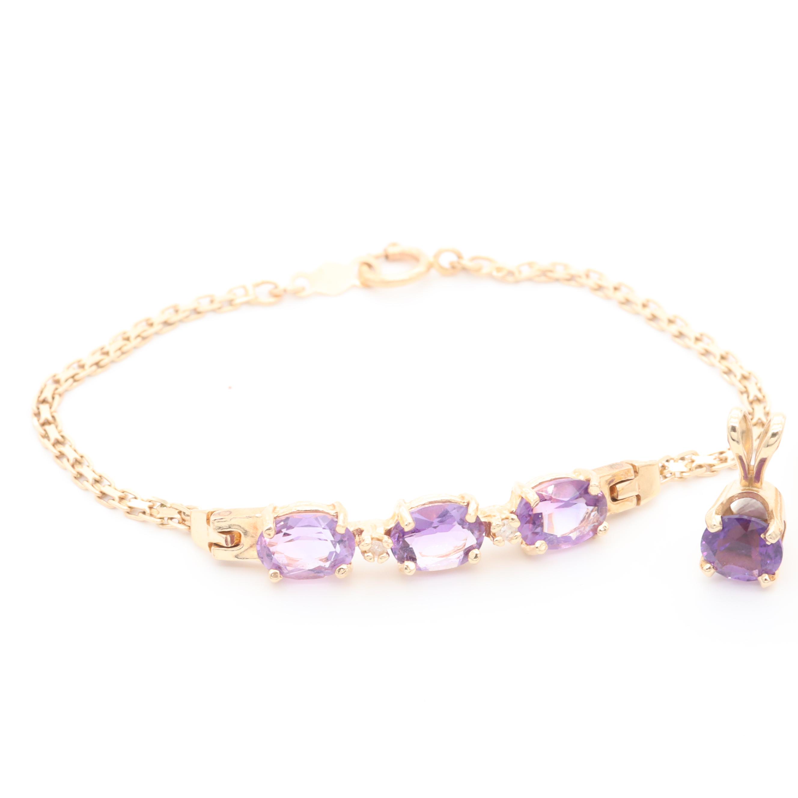 14K Yellow Gold Amethyst and Diamond Bracelet, Ring and Pendant