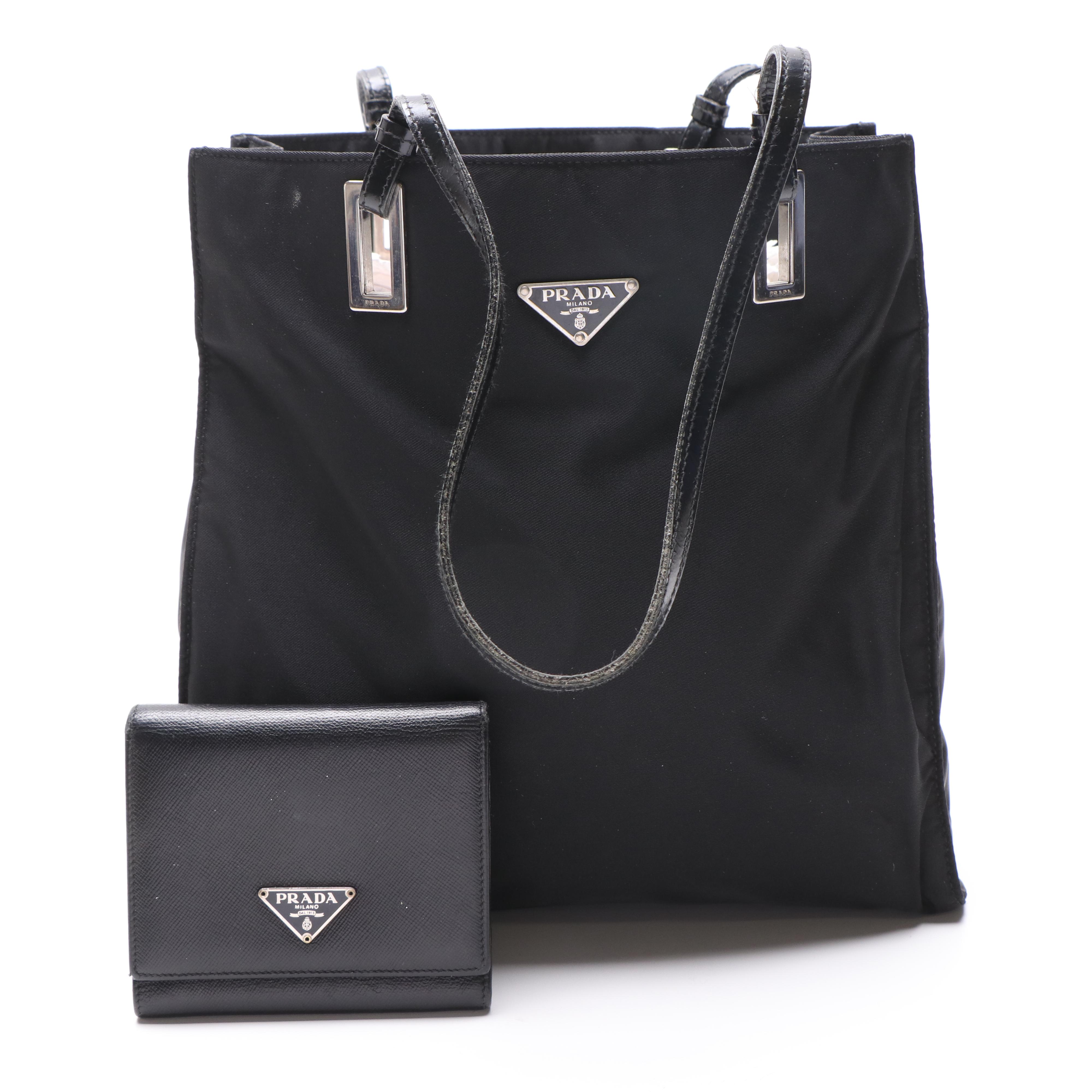 Prada Black Nylon Shoulder Bag and Black Saffiano Leather Wallet