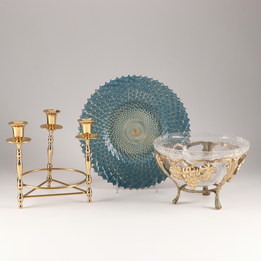 Brass Centerpiece with Cabinet Plate and Mounted Crackle Glass Candy Bowl
