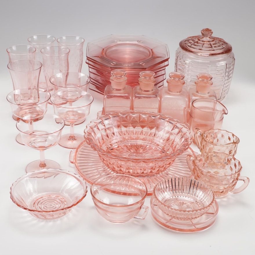 Collection of Pink Depression Glass Tableware, 1930s Vintage