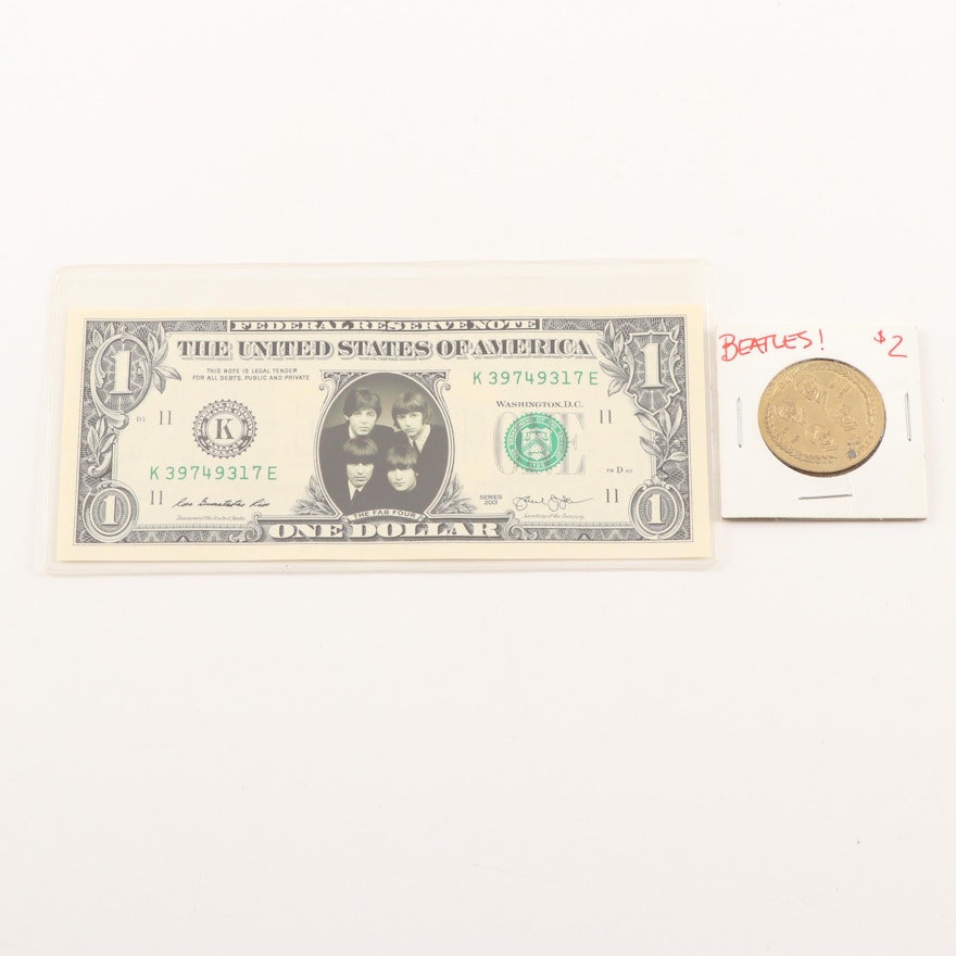 2013 Beatles Novelty $1 Federal Reserve Note and 1964 Commemorative Token