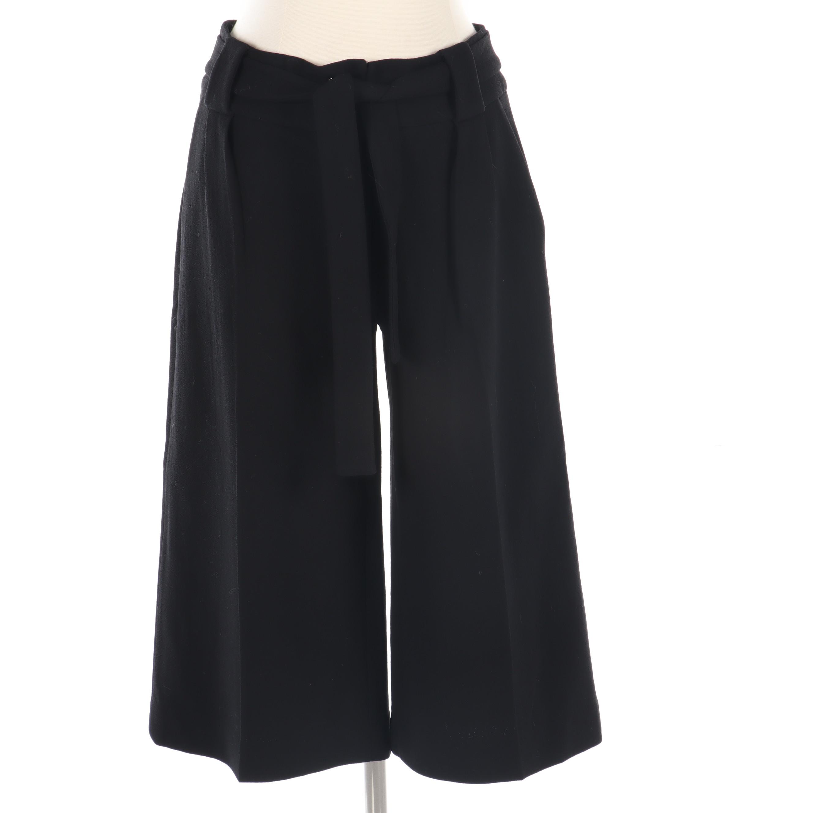 Prada Wool Culottes and Patent Leather T-Strap Woven Wicker Wedge Sandals