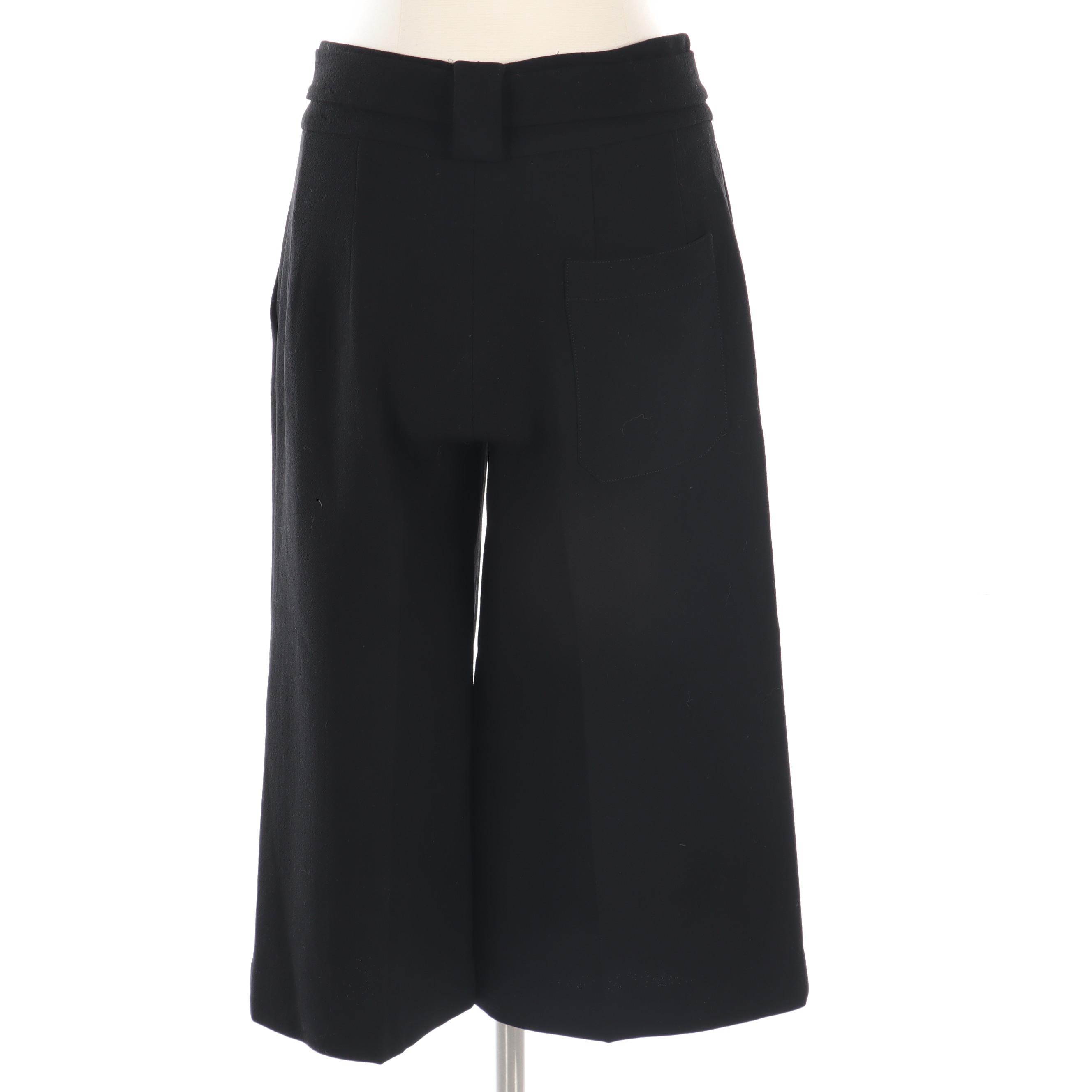 Prada Wool Culottes and Patent Leather T-Strap Woven Wicker Wedge Sandals