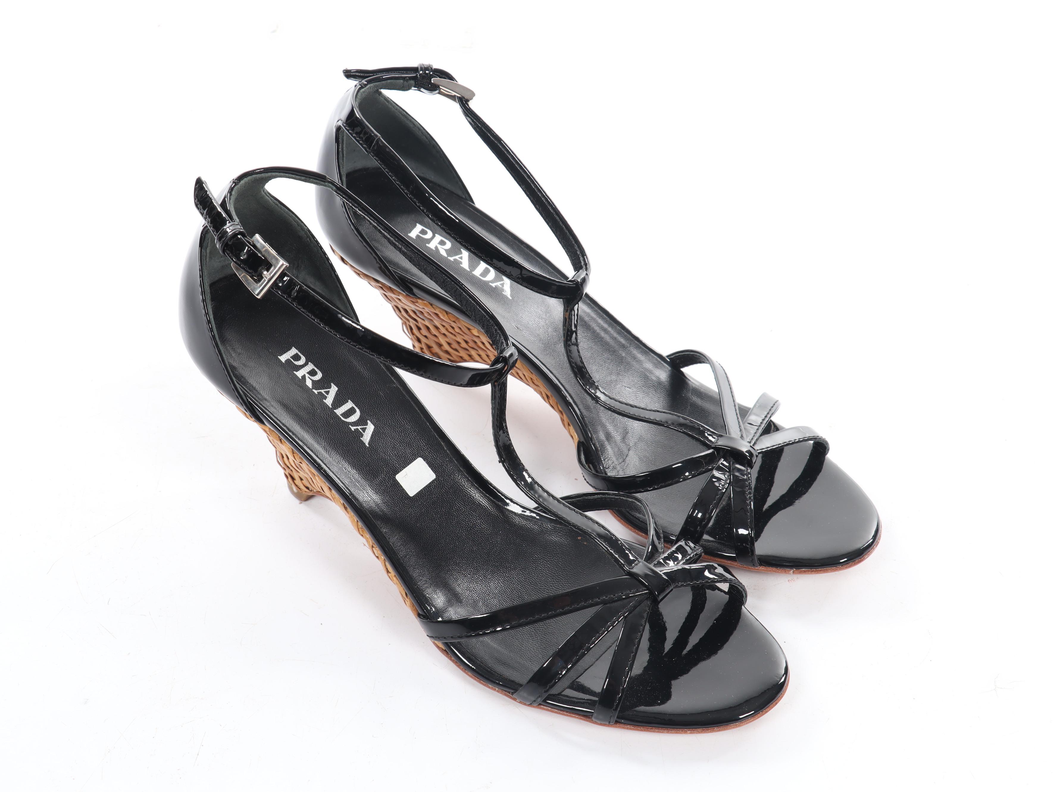 Prada Wool Culottes and Patent Leather T-Strap Woven Wicker Wedge Sandals